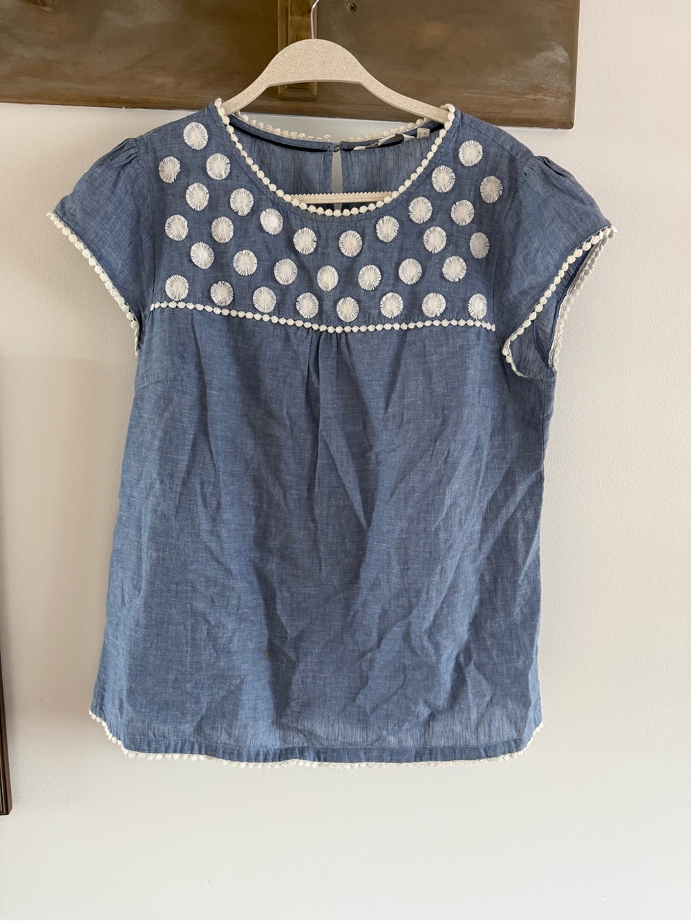 Boden Chambray Blue Cotton Top with White Pom Trim